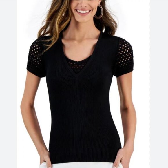 NWT T Tahari Black V Neck Crochet inset and cap sleeves Ribbed Pull over Top XL - Picture 1 of 8